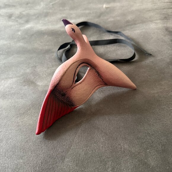 Handcrafted Pink Bird-Inspired Venetian Mask With Ribbon Ties - Picture 2 of 4